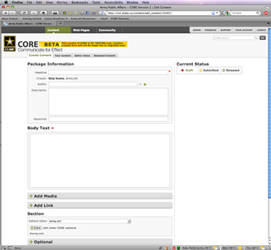 Figure 1 - Screenshot of the US Army Core 2 CMS: Create Content page