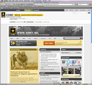 Figure 2 - Screenshot of the US Army Core 2 CMS: Place Content page