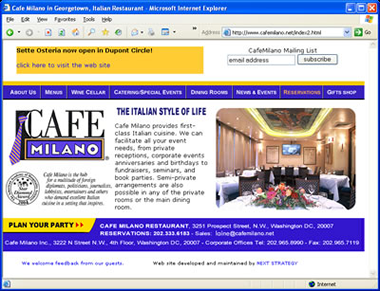 Screenshot of the Café Milano homepage